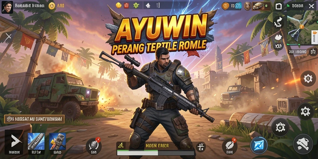 Screenshot utama AYUWIN menunjukkan aksi pertempuran sengit dalam mode Battle Royale.