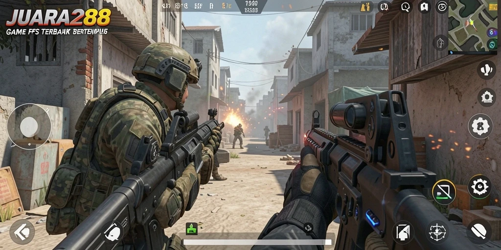 Tangkapan layar utama JUARA288 menampilkan aksi tempur seru dalam gameplay FPS.