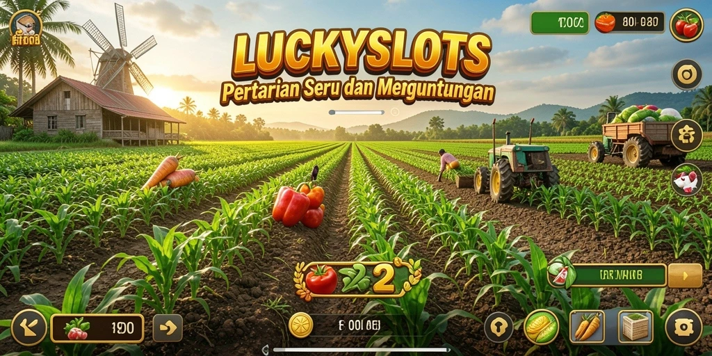 Tampilan gameplay LUCKYSLOTS dengan ladang yang luas dan tanaman berwarna-warni.