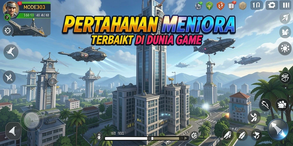 Screenshot gameplay MODE303 menampilkan menara dan musuh dalam aksi Tower Defense.