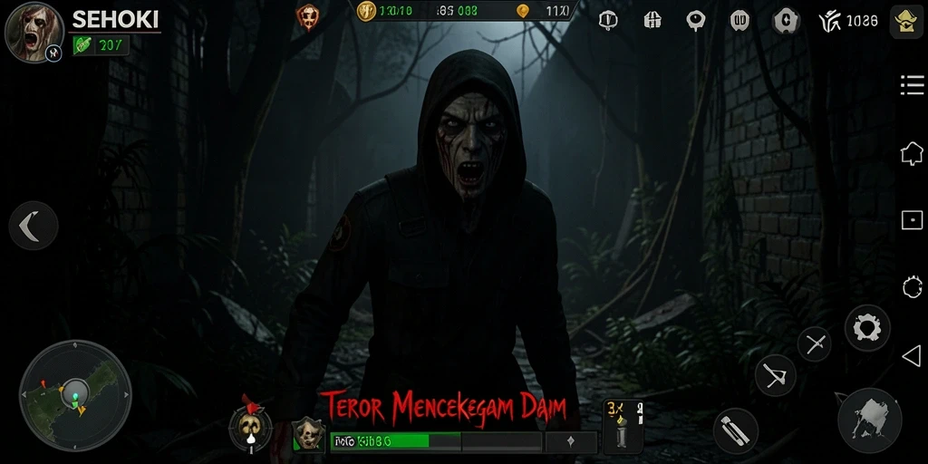 Tangkapan layar gameplay SEHOKI menampilkan momen menegangkan di area gelap.