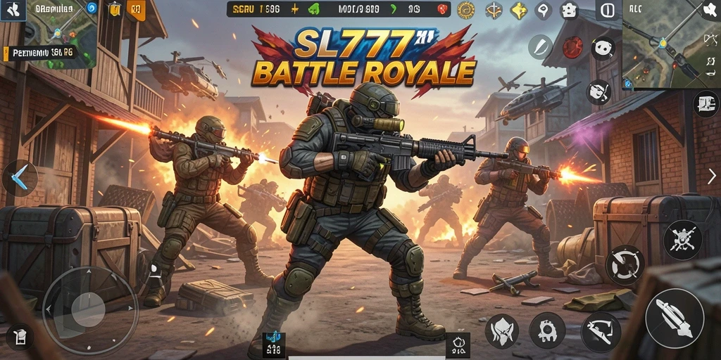 Menampilkan aksi mendebarkan dalam gameplay Battle Royale SL777.