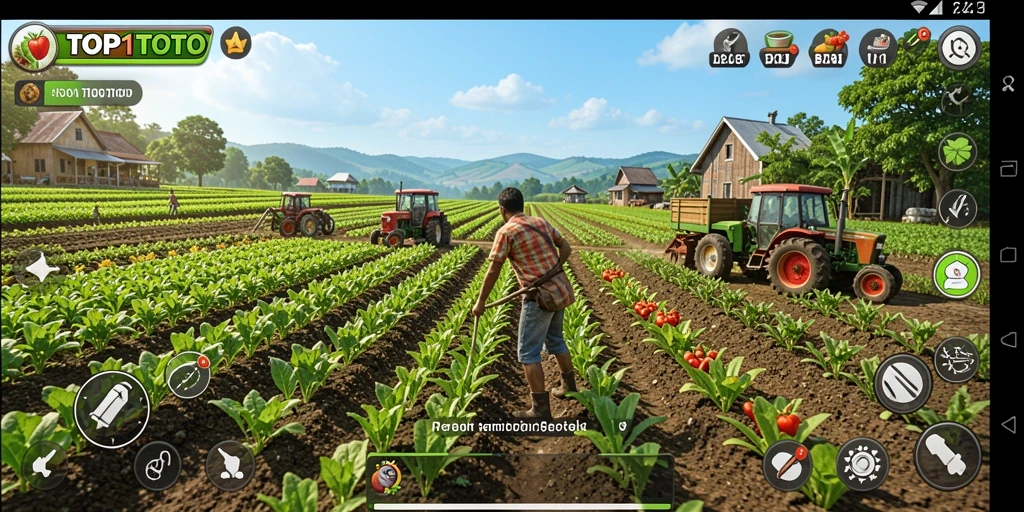Tampilan gameplay <strong>TOP1TOTO</strong> yang menawan dengan pertanian yang hijau dan subur.